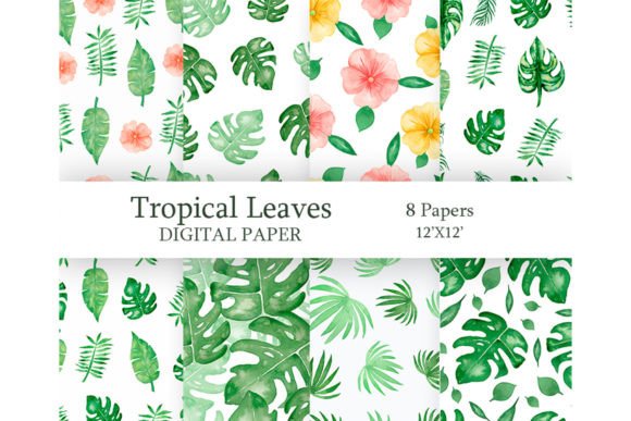 Tropical Leaves Paper Set: Elevate Your Designs with Hand-Drawn Watercolor Patterns